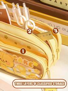1 Large-Capacity Pencil Case, Cute Cartoon, Three-Layer Canvas Stationery Box For Students, High Appearance Level, Dirt-Resistant Pencil Case, Transparent Visible Hand-Held Stationery Bag, Washable Storage Bag,Pencil Pouch,School Bag, School Supplies,Back To School