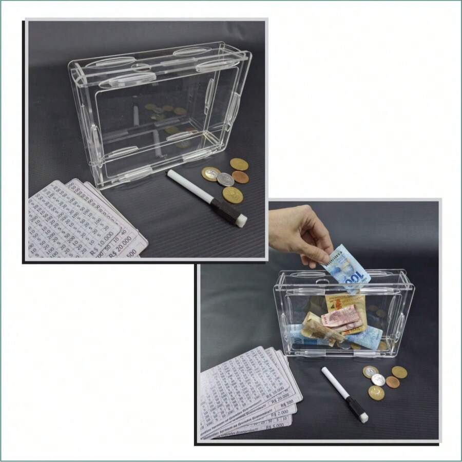 Safe Box Money Wood Box Japanese KAKEBO ACRYLIC CHALLENGE Method Travel Vacation Extra Money - Clear - View 1