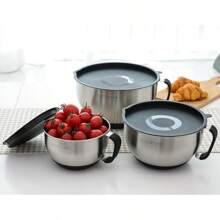 Stainless Steel Non-Slip Mixing Bowls With Pour Spout, Handle And Lid, Set Of 3, Black