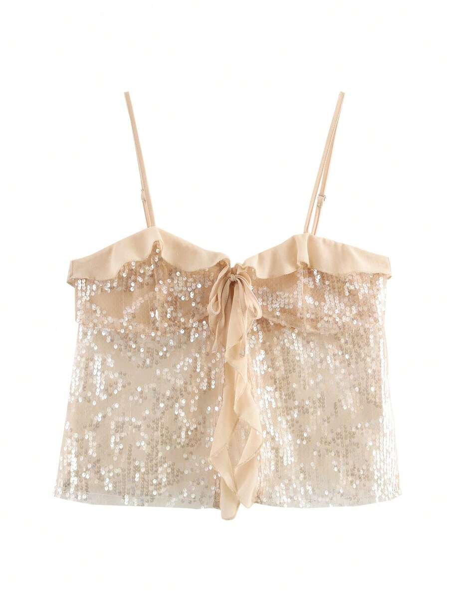 Women Sequin Patchwork Spaghetti Strap Casual Camisole Tank Top - Apricot - View 1