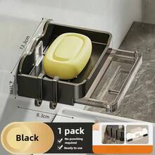Soporte deón de baño sin perforaciones, soporte de esponja deón montado en la pared, organizador, plato deón de doble drenaje, accesorios de baño DPIN - Negro - Ver 8