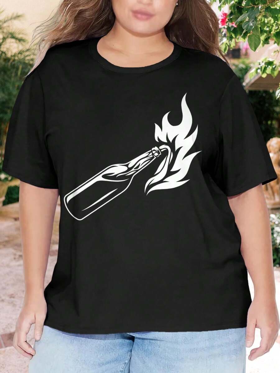 Women's Large Size Molotov Cocktail Oversize Women T-Shirt Protest Politics Alcohol Cocktail - Black - View 1