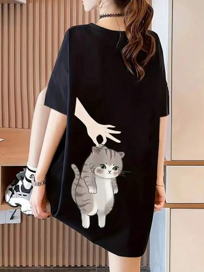 Women's Casual Cute Cat Print Loose Fit Round Neck Short Sleeve T-Shirt, Spring/Summer