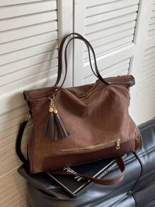 Minimalist Women Bicolor Tassel Zipper Decor Tote Bag - Coffee Brown - View 2