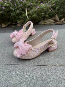 Girls High Heel Shoes, Glitter Material, Cute Bow Design, Breathable Non-Slip Sole, Suitable For All Seasons & Occasions - Pink - View 9