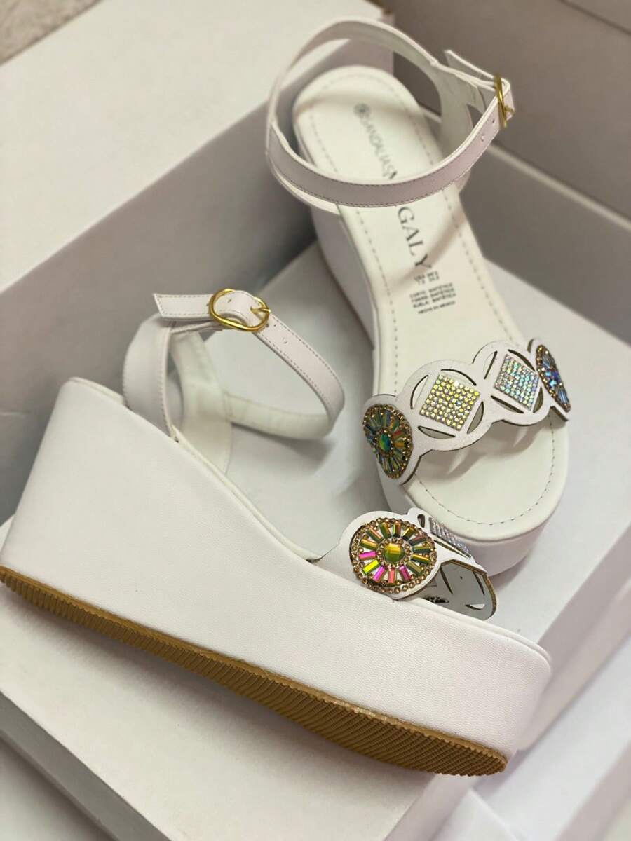 Sandalia Plataforma Mujer cómodos, Ajuste Tobillo,de lentejuelas con estampado de girasoles - Blanco - Ver 1