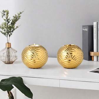 奢华金色波纹圆形陶瓷烛台餐桌浪漫烛光晚餐摆件现代简约家居装饰艺术烛台蜡烛台创意小烛台房间装饰配件