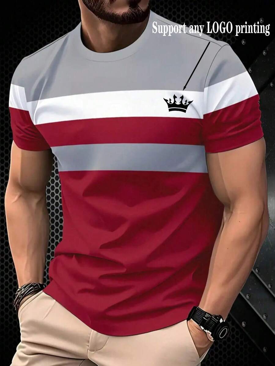 Customized Men's 3D Printed T-Shirt With Fashion Logo, Round Neck Short Sleeve, Summer - Multicolor - View 1