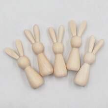 5 件复活节木制兔子雕像、仿彩绘小木偶、木制兔子饰品 - 黃色 - 查看 3