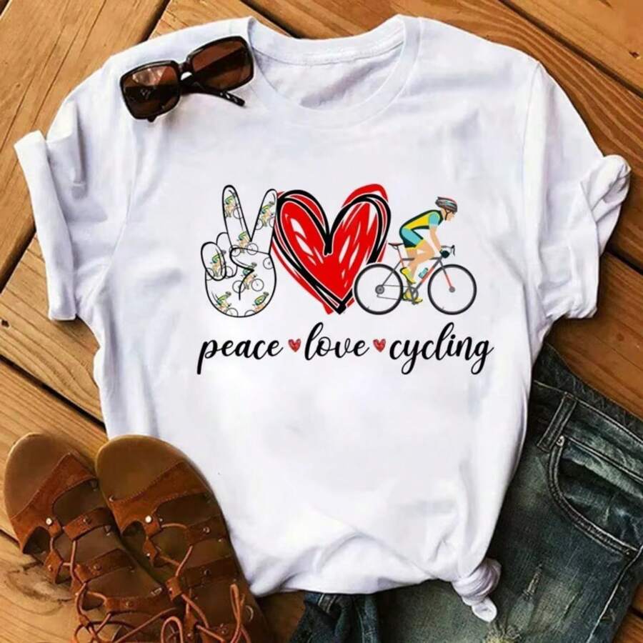 ASpring Summer Ladies Floral Bicycle Pattern Fashion Cartoon Print White Letter T-Shirt Woman Clothes Oversized T Shirt Tops Tee