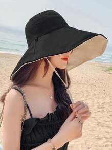 Sonnenhut für Damen mit breiter Krempe, wendbarer schwarzer Hut im koreanischen Stil, lässiger, eleganter Sonnenschutz-Fischerhut aus Polyester für die Mode, Frühling/Sommer