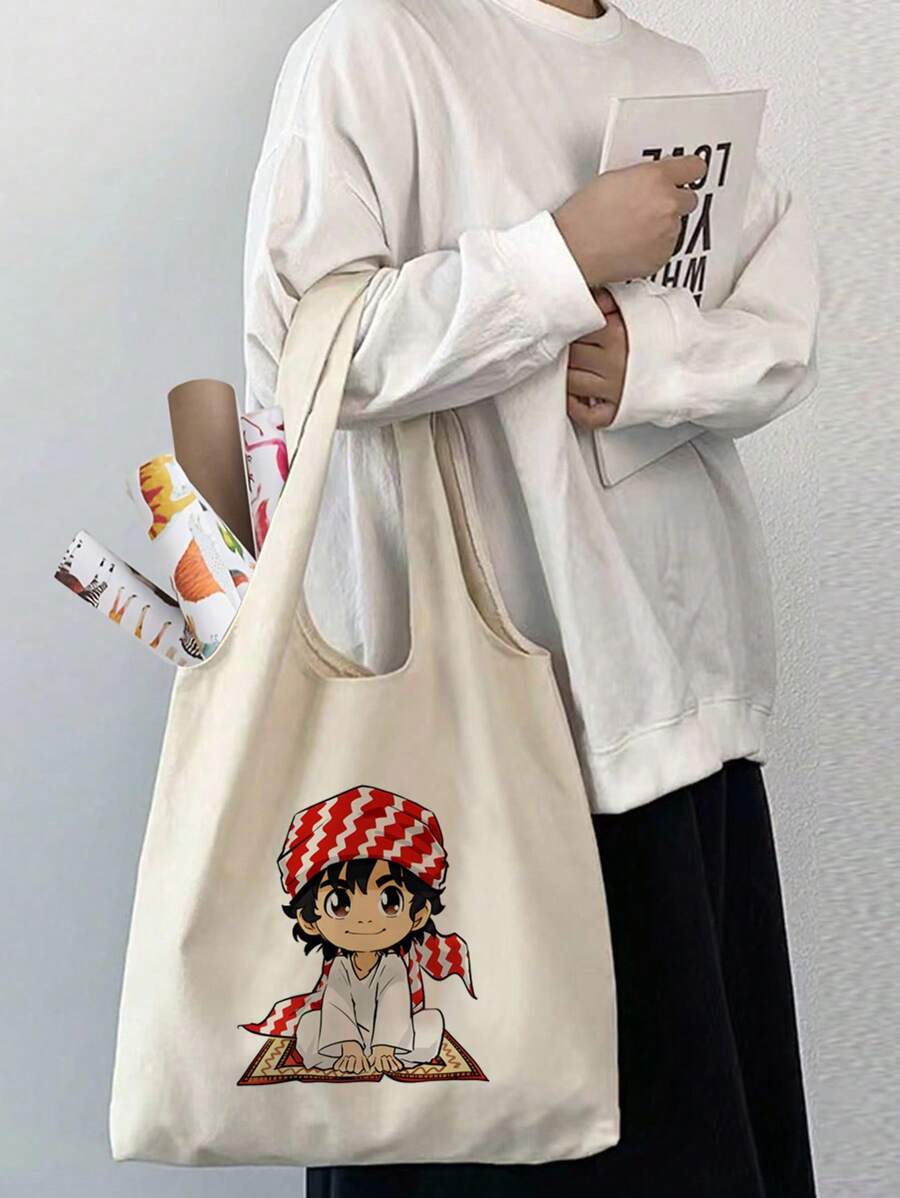 印花复古图案单肩包，时尚帆布手提包，适合女士、休闲购物、学生、通勤、郊游、礼物 - 米色 - 查看 1