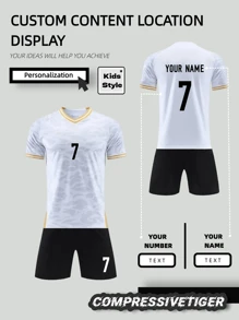 2 Stück personalisiertes Fußballtrikot für Jungen - individuell bedruckbares Trikot mit Namen und Nummer, gestreiftes Kurzarm T-Shirt + Shorts Set, schnelltrocknend, schweißabsorbierend, sportlich, als Geschenk stylish, modisch, hipster, lässig, minimalistisch chic, personalisiert, individuell, einzigartig, Kostüm für Jungs, Kapselgarderobe, Basic/Streetwear Stil. Ideal als Geschenk für ihn, Freund, Familie, Freunde zu Geburtstagen, für Urlaub/Feiertage, Schule/Wettbewerbe, Sport/Klettern