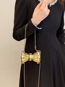 1 Túi xách mini hình con bướm thời trang, dành cho nữ, Túi đeo chéo bằng acrylic, có dây đeo vai xích có thể tháo rời, Khóa cài, Không tráng men, Màu trơn, Chi tiết nơ, Túi đựng đồ ăn tối - Vàng - Xem 8