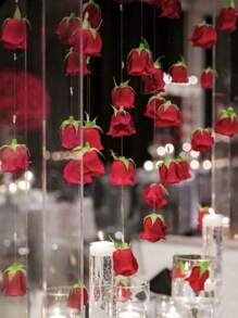 11pcs/Set Wedding Decor Hanging Red Rose, 10pcs Red Roses + 1pc 100m Transparent Line, For DIY Wedding Decor, Bridal Shower, Wedding Bouquet, Table Centerpiece And Ceiling Decor