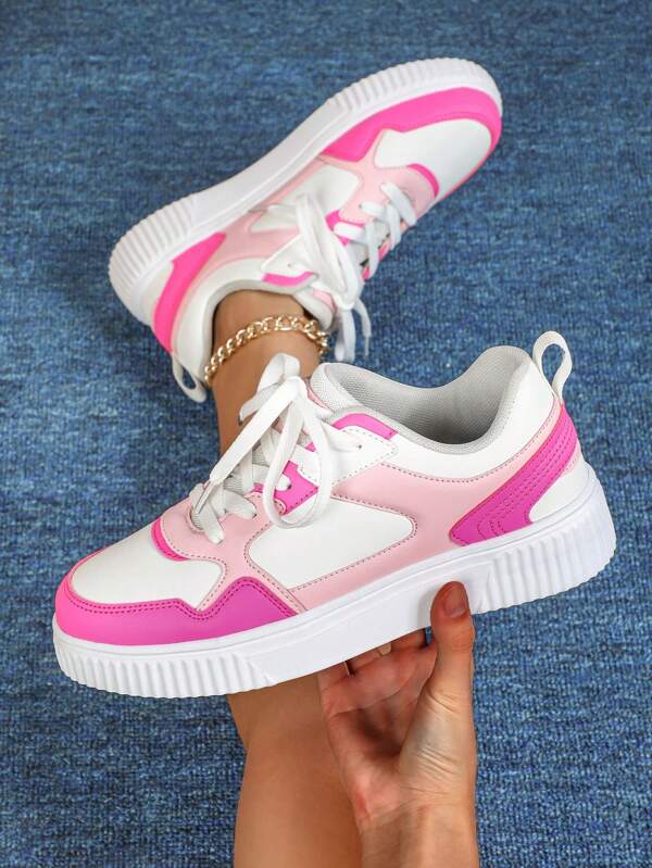 Women's Comfortable Anti-Slip, Minimalist Multi-Color, Round Toe Flat Lace-Up Low-Top Casual Sneakers, White And Pink Mix Colors Suitable For Office Commute, Business And Leisure Walking