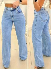 Women's Denim Jeans - Wide-Leg Loose Fit Mid-Rise Boyfriend Jeans, Y2K Style Denim Pants - Rửa nhẹ - Xem 1