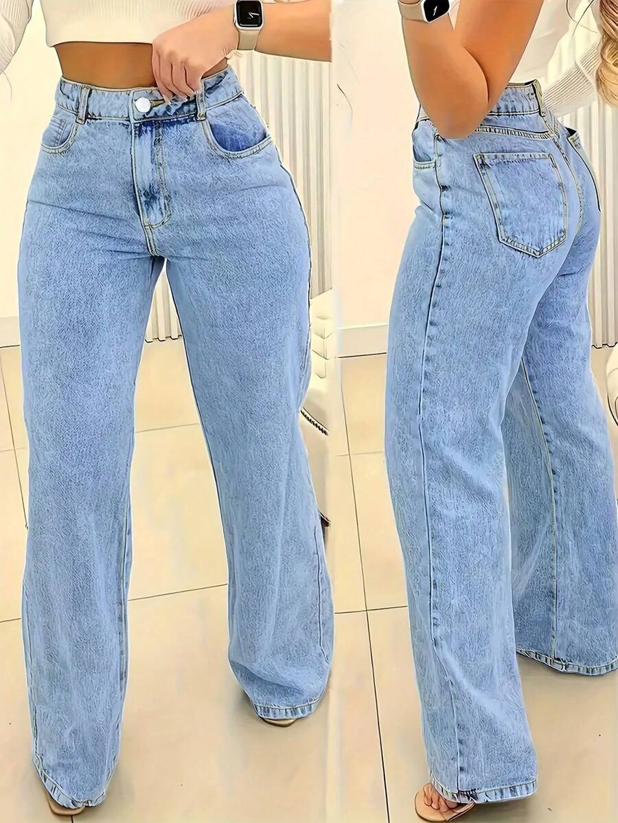 Women's Denim Jeans - Wide-Leg Loose Fit Mid-Rise Boyfriend Jeans, Y2K Style Denim Pants - Rửa nhẹ - Xem 1