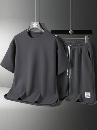 Teen Boy Summer Solid Round Neck Short Sleeve Casual T-Shirt And Letter Print Drawstring Waist Shorts Set