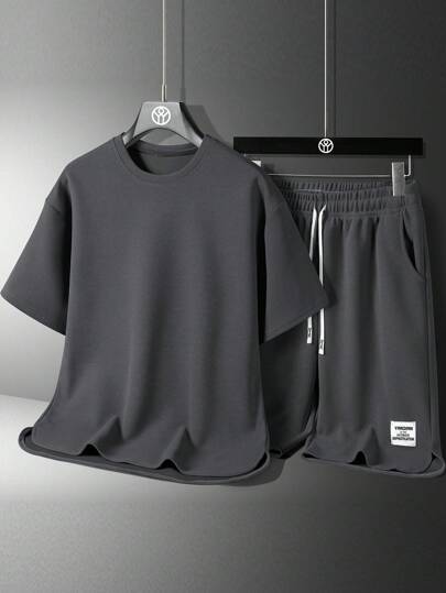 Teen Boy Summer Solid Round Neck Short Sleeve Casual T-Shirt And Letter Print Drawstring Waist Shorts Set