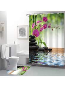1pc/4pcs Bamboo Waterfall Pattern Shower Curtain Set, Waterproof Shower Curtain With 12 Hooks, Bathroom Rug, U-Shape Toilet Mat, Toilet Lid Cover, Bathroom Divider, Bathroom Accessories, Bathroom Decor