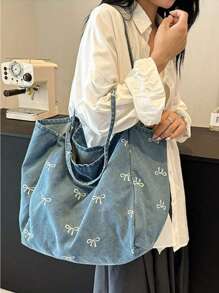 New Korean Casual Fashion Versatile Blue Highly Attractive Bow Washed Canvas Tote Bag For Commuting, Travel, Shopping, Student Back To School, Large Capacity Sweet Lady Handbag, Artistic Style School Bag & Book Bag For Women Or Students, Perfect For Books, Shopping, Back To School And More, Fashionable Bow Purse For Women