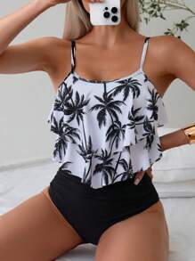 Women's Fashion Coconut Tree Print Sexy Tankini Swimwear Set - Black - View 3