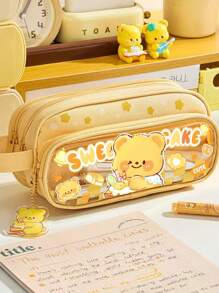 1 Large-Capacity Pencil Case, Cute Cartoon, Three-Layer Canvas Stationery Box For Students, High Appearance Level, Dirt-Resistant Pencil Case, Transparent Visible Hand-Held Stationery Bag, Washable Storage Bag,Pencil Pouch,School Bag, School Supplies,Back To School