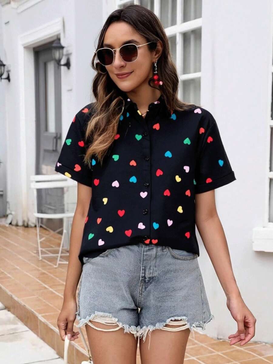 EMODA CREPE BLOUSE WITH HEART AND BUTTON #SHIRT#HEARTSHIRT - Black - View 1