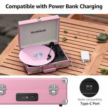 SILWISUN Vinyl Record Player Bluetooth Vintagewith Built-In Battery 3-Speed Portable Suitcase Turntables With Built-In Speakers, Belt-Driven LP Player Support USB Recording AUX-In RCA Line Out Headphone Jack, Pink - Coral Pink - View 4