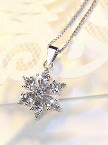 1 件女士 S925 纯银方晶锆石雪花吊坠项链，时尚奢华优雅雪莲花锁骨链，精美礼物 - 雪花 - 查看 8