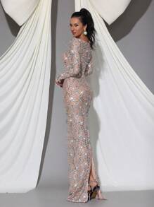 Modphy 手工亮片和水钻装饰透视网眼拼接 V 领长袖紧身连衣裙，正式伴娘婚礼宾客礼服，派对礼服，晚礼服 - 杏色 - 查看 6