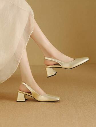 女士时尚粗跟金色包头加大码工作/派对高跟鞋