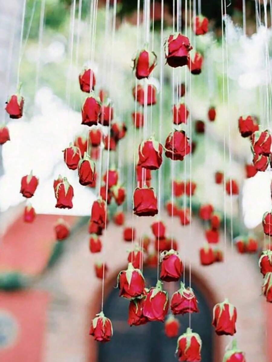 11pcs/Set Wedding Decor Hanging Red Rose, 10pcs Red Roses + 1pc 100m Transparent Line, For DIY Wedding Decor, Bridal Shower, Wedding Bouquet, Table Centerpiece And Ceiling Decor