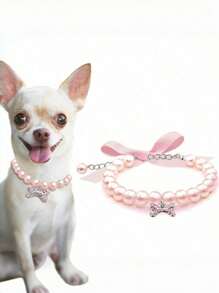 1 Piece Pink Dog And Cat Pearl Collar Necklace With Rhinestone Bone, Exquisite Cat Wedding Collar Jewelry, …Suitable For Girls Cat Puppy Accessories