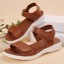 New Women Sandals Fashion Strap Hook&Loop Flat Comfortable Lightweight Versatile Beach Sandals, Brown Thick Sole, Casual & Simple - Brown - View 2