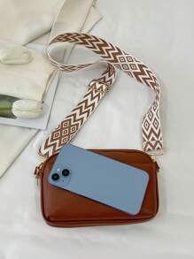 迷你简约纯素斜挎包，时尚PU单肩包，女士休闲手提包兼钱包，宽肩带女士钱包 - 棕色 - 查看 5