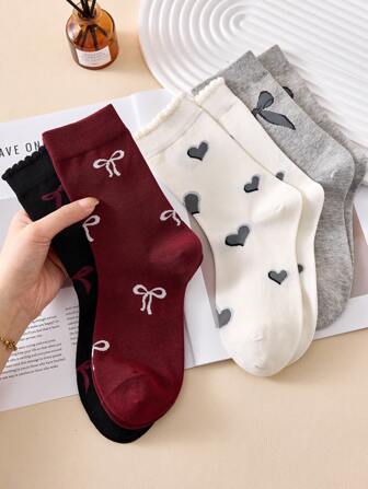 4 Pairs Of Women's Mid-Calf Socks With Bow & Heart Patterns, Vintage Crew Socks For All Seasons, Fall