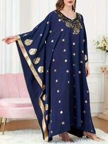 Robe de Renda Turca Elegante de Cor Sólida para Mulheres, Vestido Abaya com Impressão Retrô Dourada de Manga Longa e Decote em V, Estilo Árabe, Kaftan Modesto