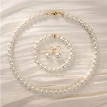 3pcs/Set Fashionable Minimalist Cute Crystal Material Pearl Earrings,Bracelet And Necklace Jewelry Set For Women, Suitable For Daily Wear, Party And Banque - Three Piece Suit - View 3