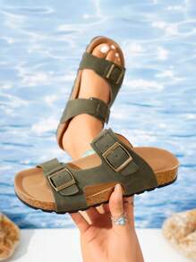 女式時尚厚底拖鞋,金屬扣裝飾,輕盈舒適,適用室內外活動 - 軍綠色 - 查看 3