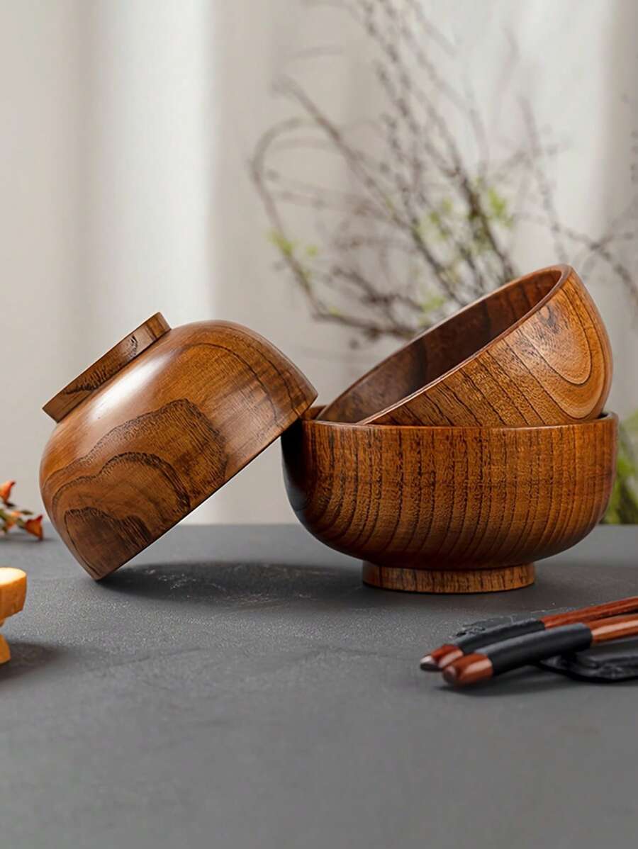 1pc/2pcs Natural Jujube Wood Bowl Set, Household Rice Bowl, Soup Bowl, Vintage Japanese Style Eating Noodle Bowl - Multicolor - View 1