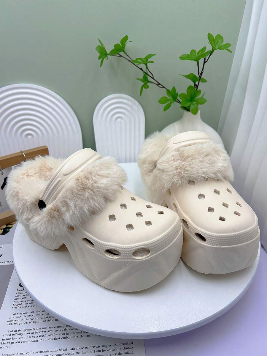 Solid Color Warm Indoor Slippers, Fluffy Warm Lining Thick Non-Slip Sole, Comfortable Plush Shoes For Winter, High Heel Sandals