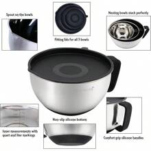 Stainless Steel Non-Slip Mixing Bowls With Pour Spout, Handle And Lid, Set Of 3, Black