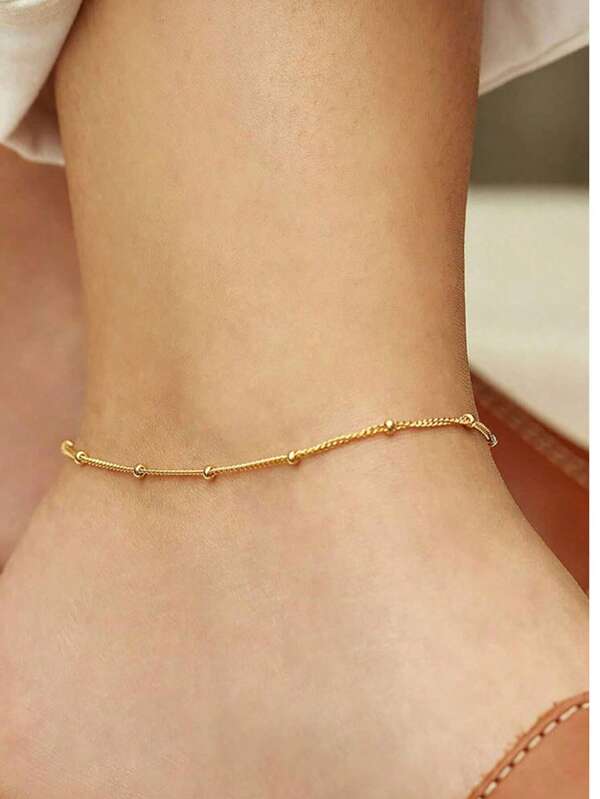 1pc Stainless Steel 18K Gold Plated Bead Chain Anklet, Suitable For Women Daily, Travel, Vacation Wearing