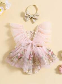 Conjunto de niña recién nacida, mono con mangas abullonadas y bordado de flores con diadema con lazo, ropa de verano - Rosa - Ver 2