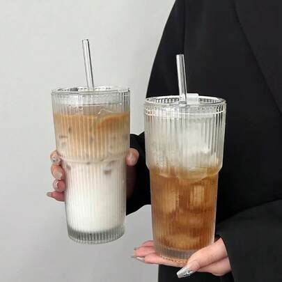 1pc Creative Water Cup, New Striped Bamboo Texture Glass Cup, High Aesthetic Home/Office Coffee Mug With Lid And Straw Back To School