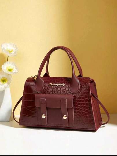 1pc Women's Crocodile Embossed Handbag, Colorblock Stone Texture Tote Bag, Business Casual Boston Crossbody Bag, Animal Print Purse , Office