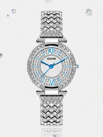 DOM 1 st lyxig, diamantdubbad stilren vattentät klocka för kvinnor, perfekt present till festivaler och födelsedagar