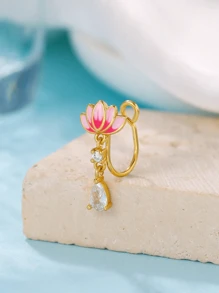 1 pezzo Orecchini a molletta in stile cinese in rame con zirconia a forma di goccia d'acqua a loto, design molletta-on, adatti per uso quotidiano da donna